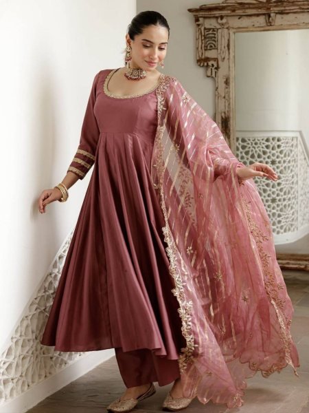 Roman Silk Anarkali Palazzo Suit with Banarasi Dupatta and Sequin Work Wedding Wear Ready To Wear Suit