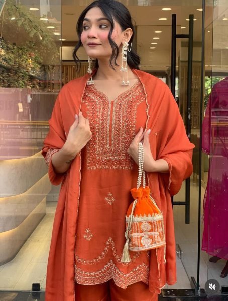 Roman Silk Embroidered 3 Pcs Plazo Set for festive Wear at Manufacturer Rate Embroidery Kurtis 