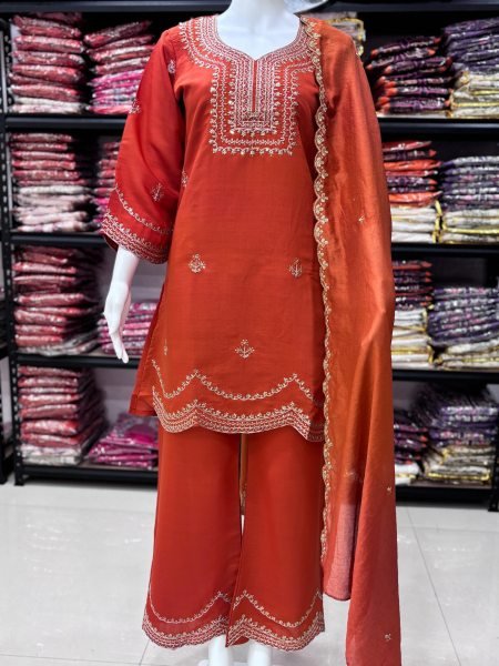 Roman Silk Embroidered 3 Pcs Plazo Set for festive Wear at Manufacturer Rate Embroidery Kurtis 