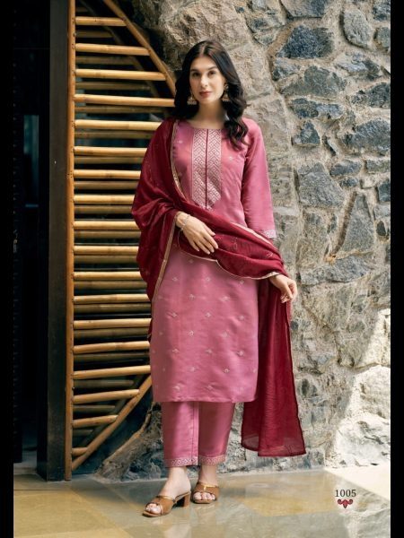 Roman Silk  kurti With Fancy Embroidery Work Pink kurti Set 