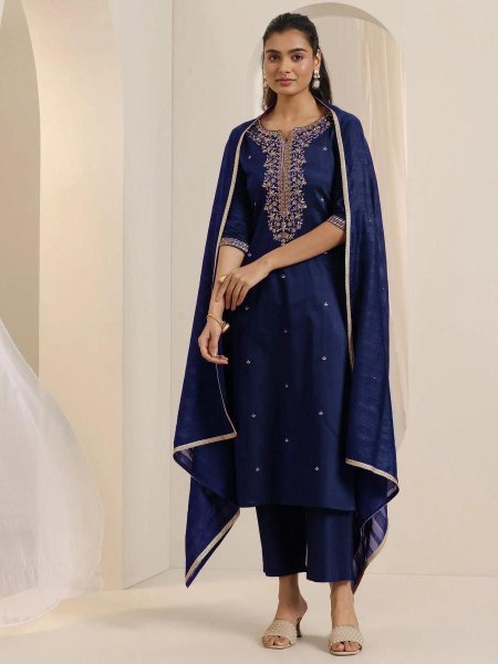 Roman Silk Straight Kurta Pant Set with Chanderi Silk Embroidery Work Perfect for Weddings 3 Piece Kurti Set