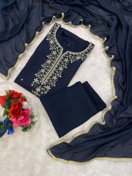 Roman Silk Straight Kurta Pant Set with Chanderi Silk Embroidery Work Perfect for Weddings 3 Piece Kurti Set