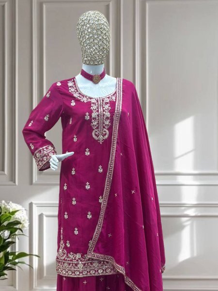 Rose Blush Chinon Embroidered Kurti Set with Dupatta For Day Events at Export Quality Ready To Wear Suit