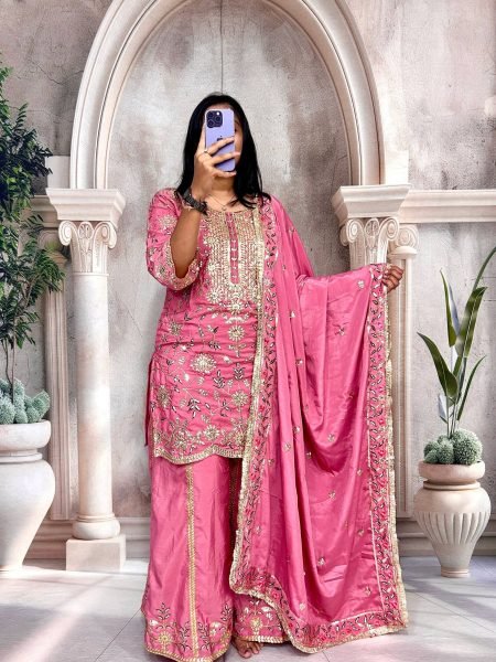 Rose Blush Pure Crepe Silk Sequin Sharara Set Readywear for Women at Manufacturer Price Ready To Wear Suit