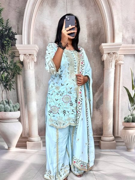 Pastel Blue Crepe Silk Embroidered Sharara Suit with Dupatta Perfect for Weddings Ready To Wear Suit