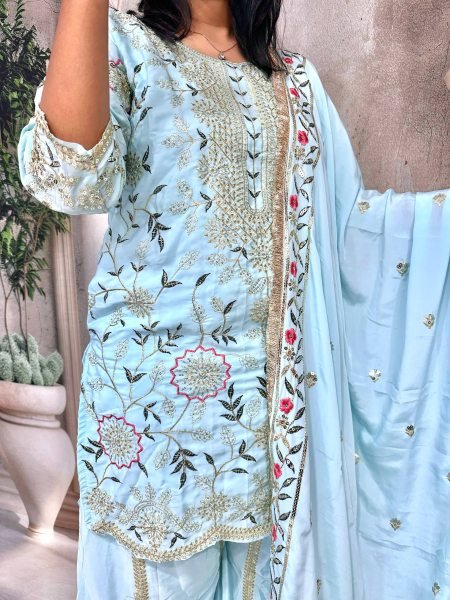 Pastel Blue Crepe Silk Embroidered Sharara Suit with Dupatta Perfect for Weddings Ready To Wear Collection