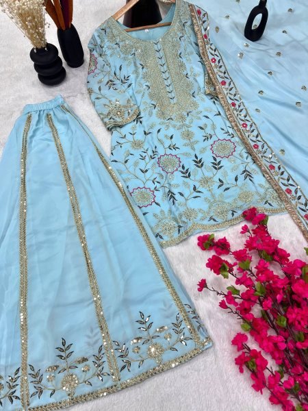 Pastel Blue Crepe Silk Embroidered Sharara Suit with Dupatta Perfect for Weddings Ready To Wear Collection