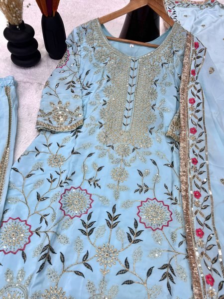 Pastel Blue Crepe Silk Embroidered Sharara Suit with Dupatta Perfect for Weddings Ready To Wear Collection