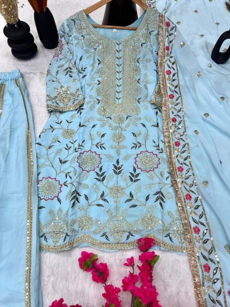 Pastel Blue Crepe Silk Embroidered Sharara Suit with Dupatta Perfect for Weddings Ready To Wear Collection