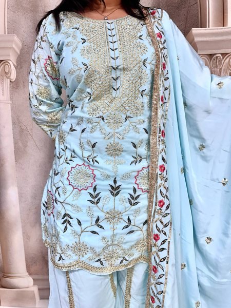 Pastel Blue Crepe Silk Embroidered Sharara Suit with Dupatta Perfect for Weddings Ready To Wear Collection