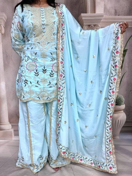 Pastel Blue Crepe Silk Embroidered Sharara Suit with Dupatta Perfect for Weddings Ready To Wear Collection
