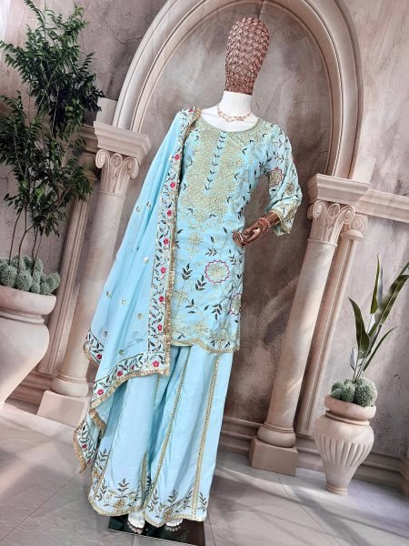 Pastel Blue Crepe Silk Embroidered Sharara Suit with Dupatta Perfect for Weddings Ready To Wear Collection