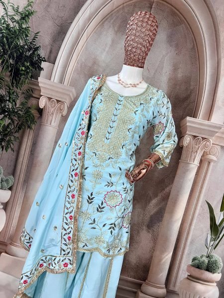 Pastel Blue Crepe Silk Embroidered Sharara Suit with Dupatta Perfect for Weddings Ready To Wear Collection