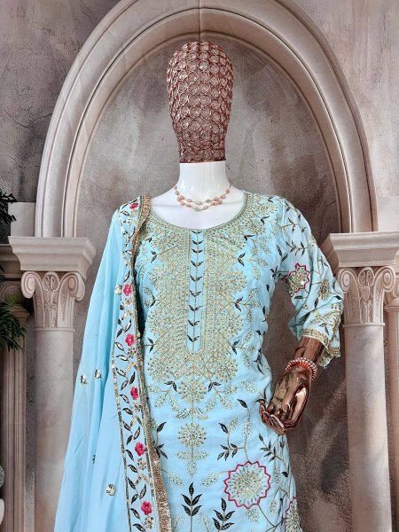Pastel Blue Crepe Silk Embroidered Sharara Suit with Dupatta Perfect for Weddings Ready To Wear Collection