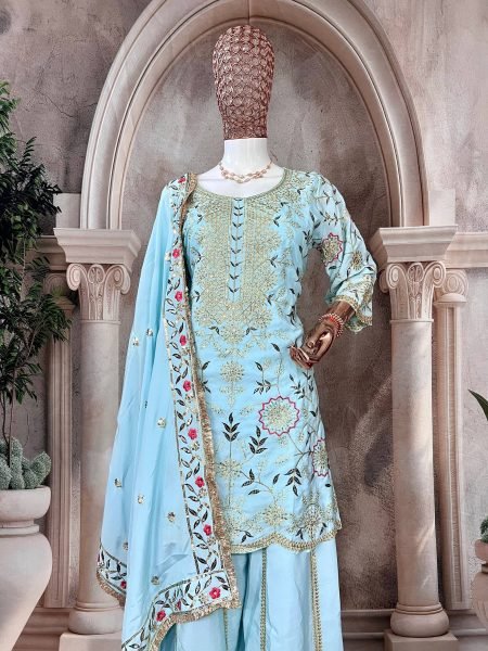 Pastel Blue Crepe Silk Embroidered Sharara Suit with Dupatta Perfect for Weddings Ready To Wear Collection