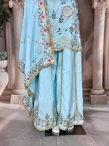 Pastel Blue Crepe Silk Embroidered Sharara Suit with Dupatta Perfect for Weddings Ready To Wear Collection