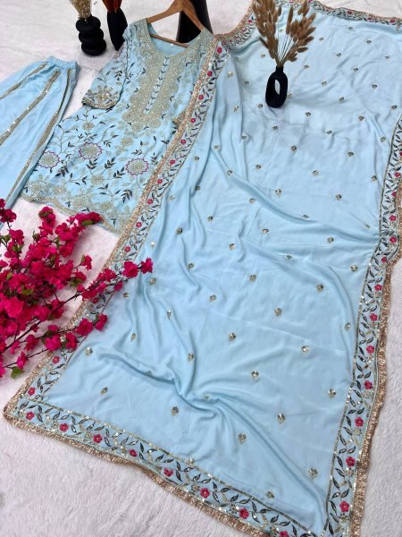 Pastel Blue Crepe Silk Embroidered Sharara Suit with Dupatta Perfect for Weddings Ready To Wear Collection