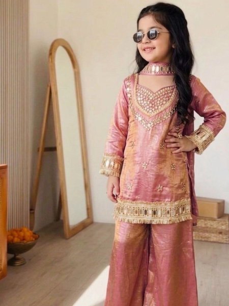 Rose Gold Pink Chinon Silk Top Palazzo Dupatta Set with Heavy Mirror Embroidery Kurtis