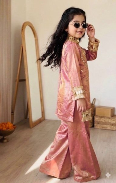 Rose Gold Pink Chinon Silk Top Palazzo Dupatta Set with Heavy Mirror Embroidery Girls Wear