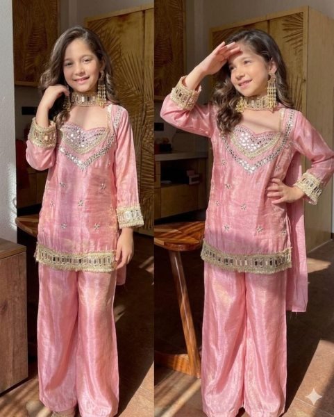Rose Gold Pink Chinon Silk Top Palazzo Dupatta Set with Heavy Mirror Embroidery Girls Wear