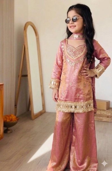 Rose Gold Pink Chinon Silk Top Palazzo Dupatta Set with Heavy Mirror Embroidery Girls Wear