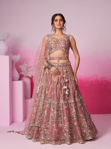 Rose Gold Wedding Lehenga Choli Heavy Mirror  Moti  & Sequin Work with Dupatta Set Premium Online Wholesale Fashionwear  Lehenga
