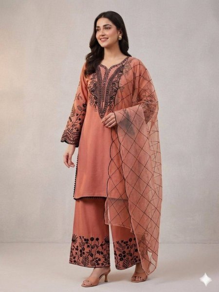 Rose Peach Palazzo Suit with Embroidered Organza Dupatta for Boutique Buyers Ready To Wear Suit