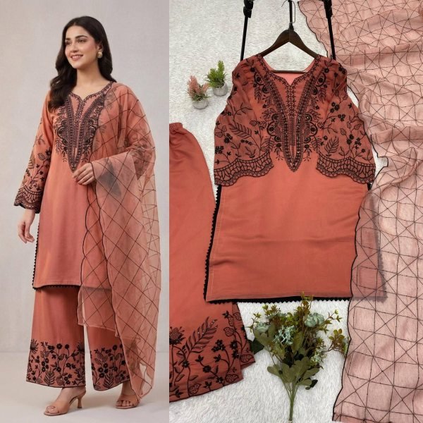 Rose Peach Palazzo Suit with Embroidered Organza Dupatta for Boutique Buyers Ready To Wear Collection
