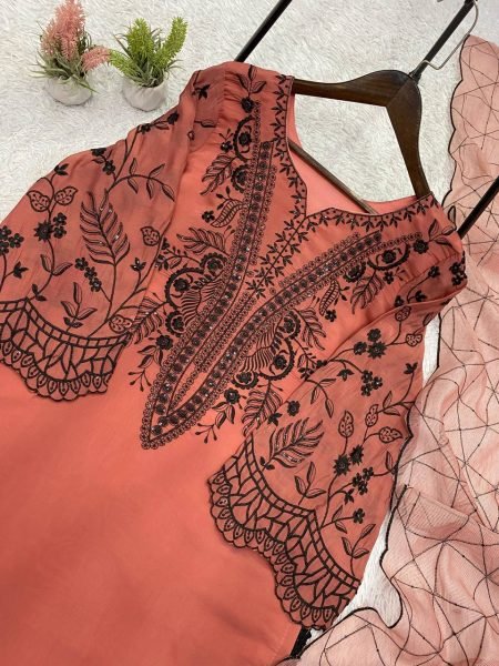 Rose Peach Palazzo Suit with Embroidered Organza Dupatta for Boutique Buyers Ready To Wear Collection