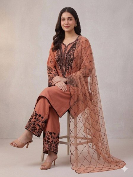 Rose Peach Palazzo Suit with Embroidered Organza Dupatta for Boutique Buyers Ready To Wear Collection