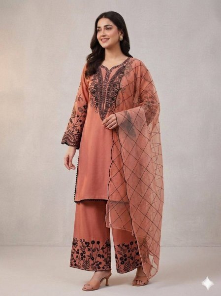 Rose Peach Palazzo Suit with Embroidered Organza Dupatta for Boutique Buyers Ready To Wear Collection