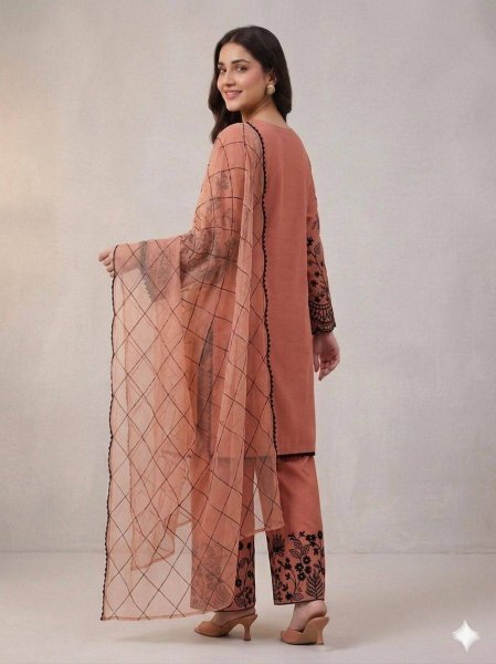 Rose Peach Palazzo Suit with Embroidered Organza Dupatta for Boutique Buyers Ready To Wear Collection