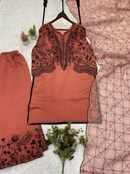 Rose Peach Palazzo Suit with Embroidered Organza Dupatta for Boutique Buyers Ready To Wear Collection