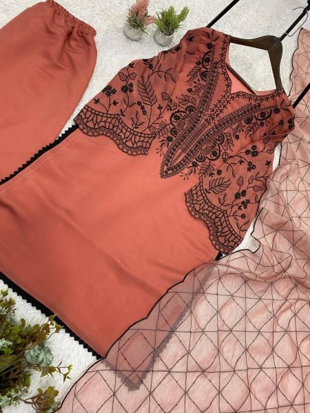Rose Peach Palazzo Suit with Embroidered Organza Dupatta for Boutique Buyers Ready To Wear Collection
