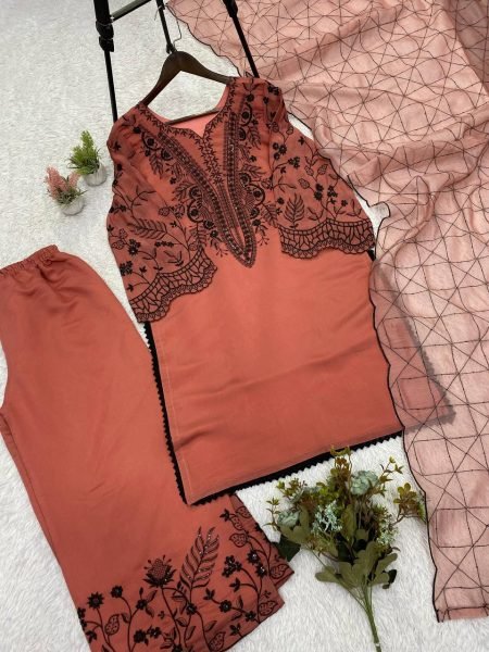 Rose Peach Palazzo Suit with Embroidered Organza Dupatta for Boutique Buyers Ready To Wear Collection