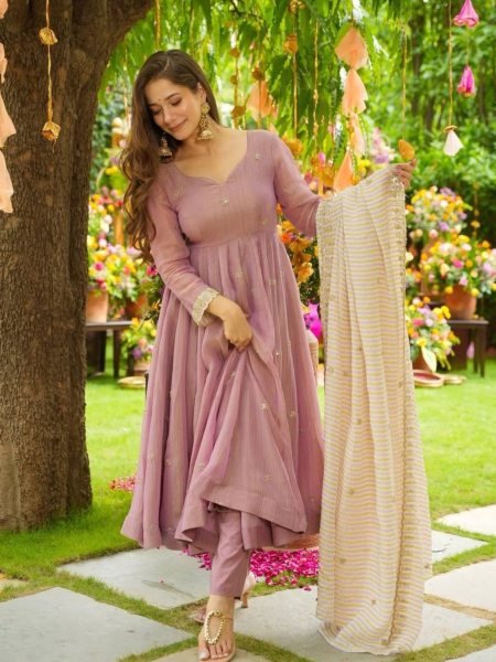 Rose Pink Faux Georgette Anarkali Kurti 3Pc Set with Embroidery and Striped Dupatta  Kurtis