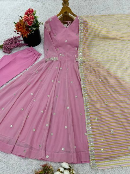 Rose Pink Faux Georgette Anarkali Kurti 3Pc Set with Embroidery and Striped Dupatta  Anarkali Kurtis 