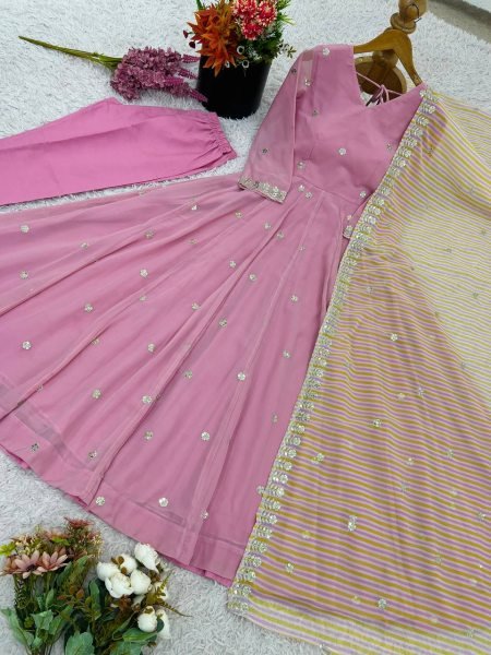 Rose Pink Faux Georgette Anarkali Kurti 3Pc Set with Embroidery and Striped Dupatta  Anarkali Kurtis 