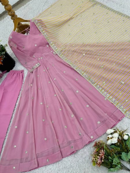 Rose Pink Faux Georgette Anarkali Kurti 3Pc Set with Embroidery and Striped Dupatta  Anarkali Kurtis 