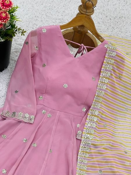 Rose Pink Faux Georgette Anarkali Kurti 3Pc Set with Embroidery and Striped Dupatta  Anarkali Kurtis 