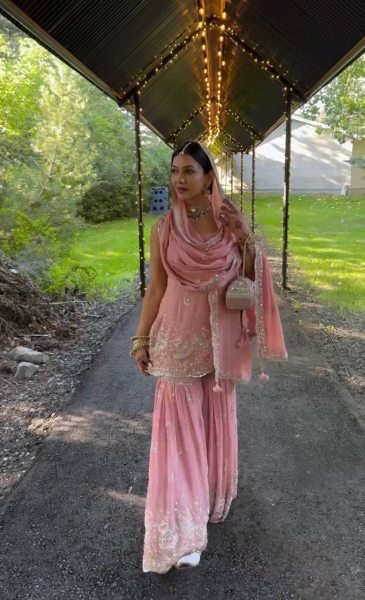 Rose Pink Faux Georgette Sharara Palazzo Suit with Embellished Dupatta Ready to Wear Ethnic Style Ready To Wear Collection
