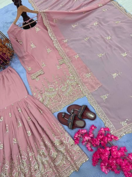 Rose Pink Faux Georgette Sharara Palazzo Suit with Embellished Dupatta Ready to Wear Ethnic Style Ready To Wear Collection
