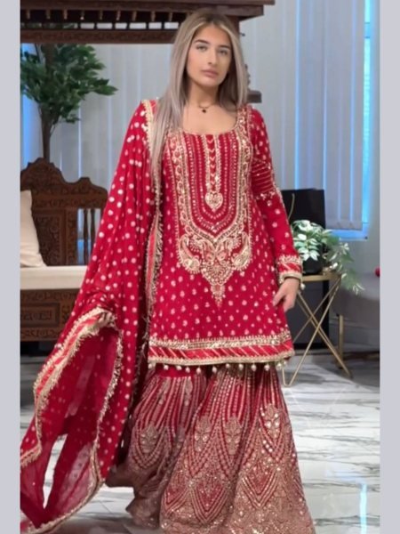 Rose Pink Georgette Sharara Suit with Heavy Embroidery for Women at Wholesale Rate Ready To Wear Suit