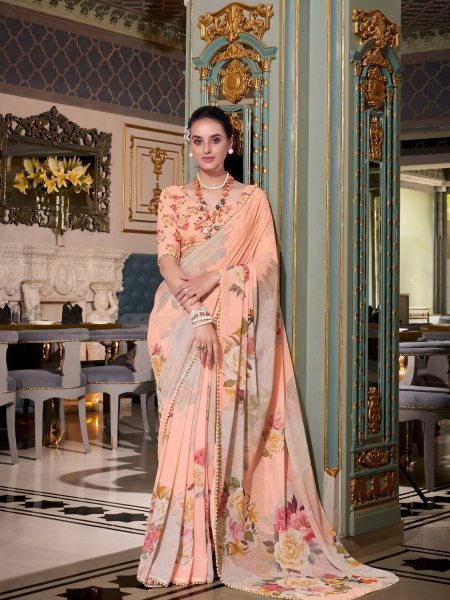  Rose Print Saree in Smooth Georgette Elegant Celebration Look Georgette Sarees Wholesale