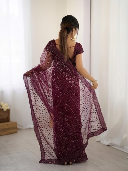 Rose Red Designer Net Saree with Unstitched Blouse A Perfect Look for Celebrations Designer Wedding Sarees Wholesale