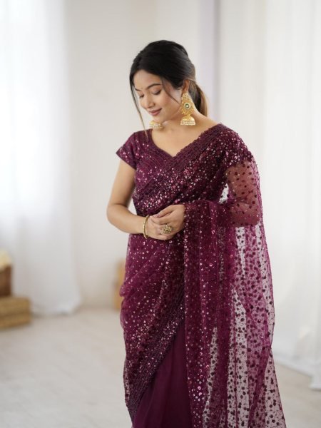 Rose Red Designer Net Saree with Unstitched Blouse A Perfect Look for Celebrations Designer Wedding Sarees Wholesale