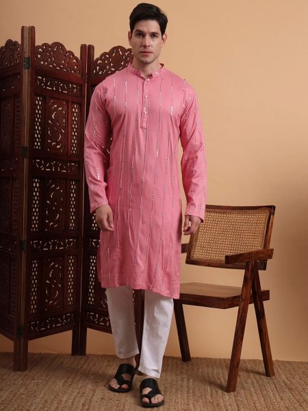 RoseFest Embroidered Kurta Pink Rayon Sequence Look for Weddings & Garba Nights Mens Wear