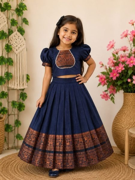 Roya Blue Kids Designer Lehenga with Zari Border and Heavy Crepe Lining Girls Wear