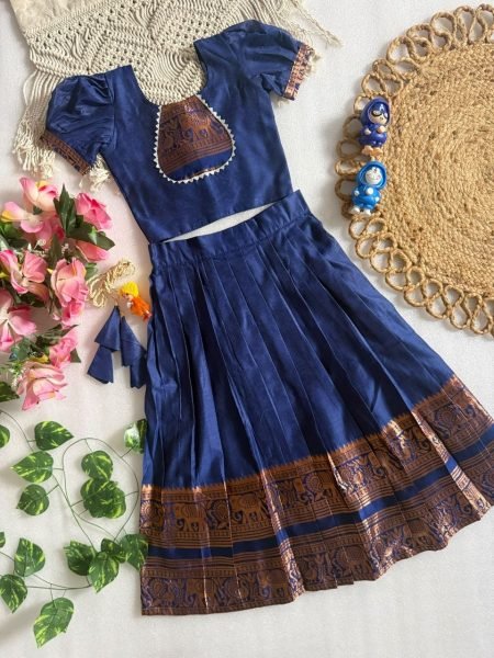 Roya Blue Kids Designer Lehenga with Zari Border and Heavy Crepe Lining Girls Wear