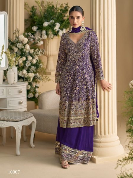 Royal Amethyst Georgette Palazzo Suit Swarovski Embroidery for Evening Glam Salwar Kameez